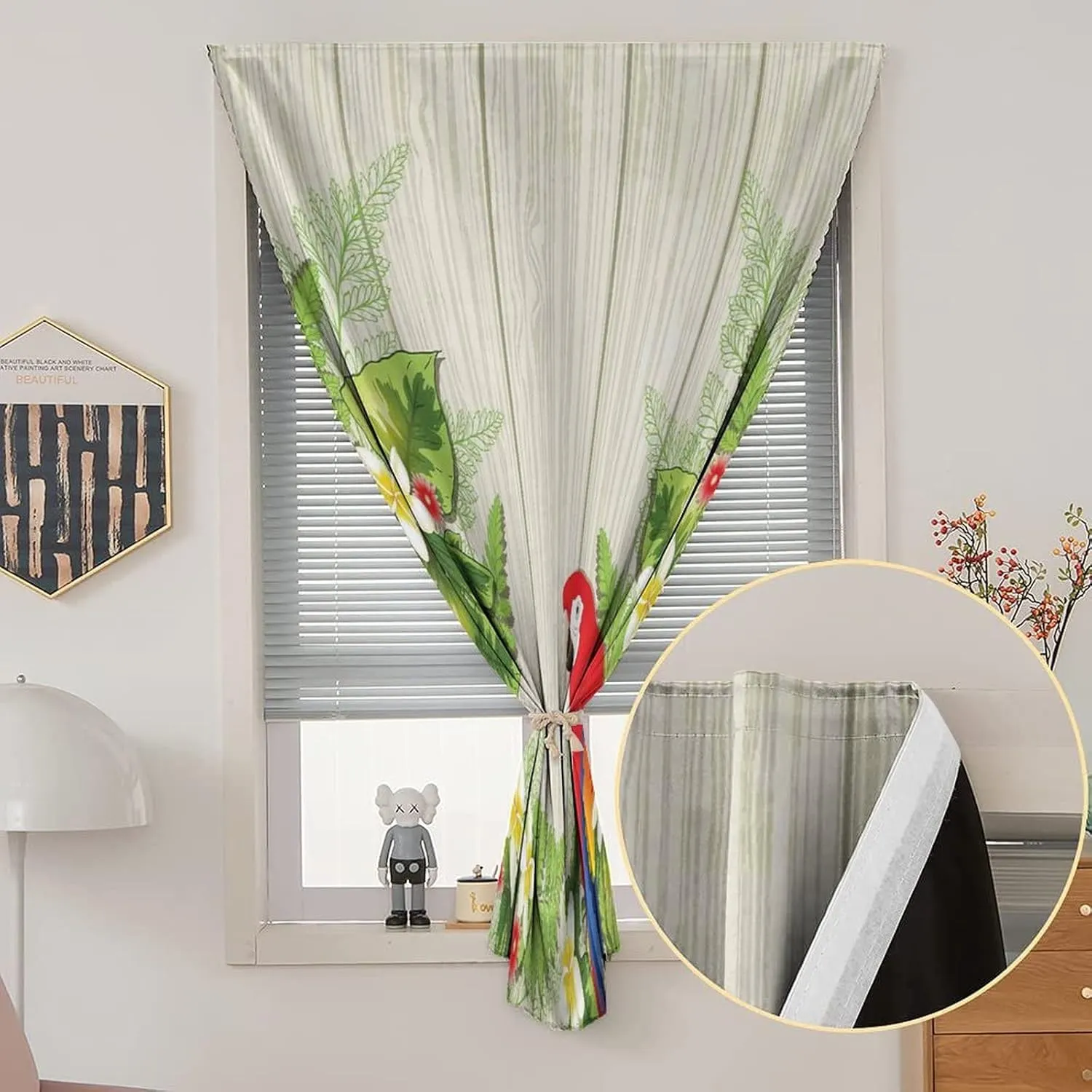 Adjustable Blackout Shades, Parrots Portable Blackout Curtain, Tropic Flowers African Parrot in Summer Garden Wooden Wall Print Living Room Bedroom Window Drapes,47W x63L Inches,,for Bathroom Bedroom