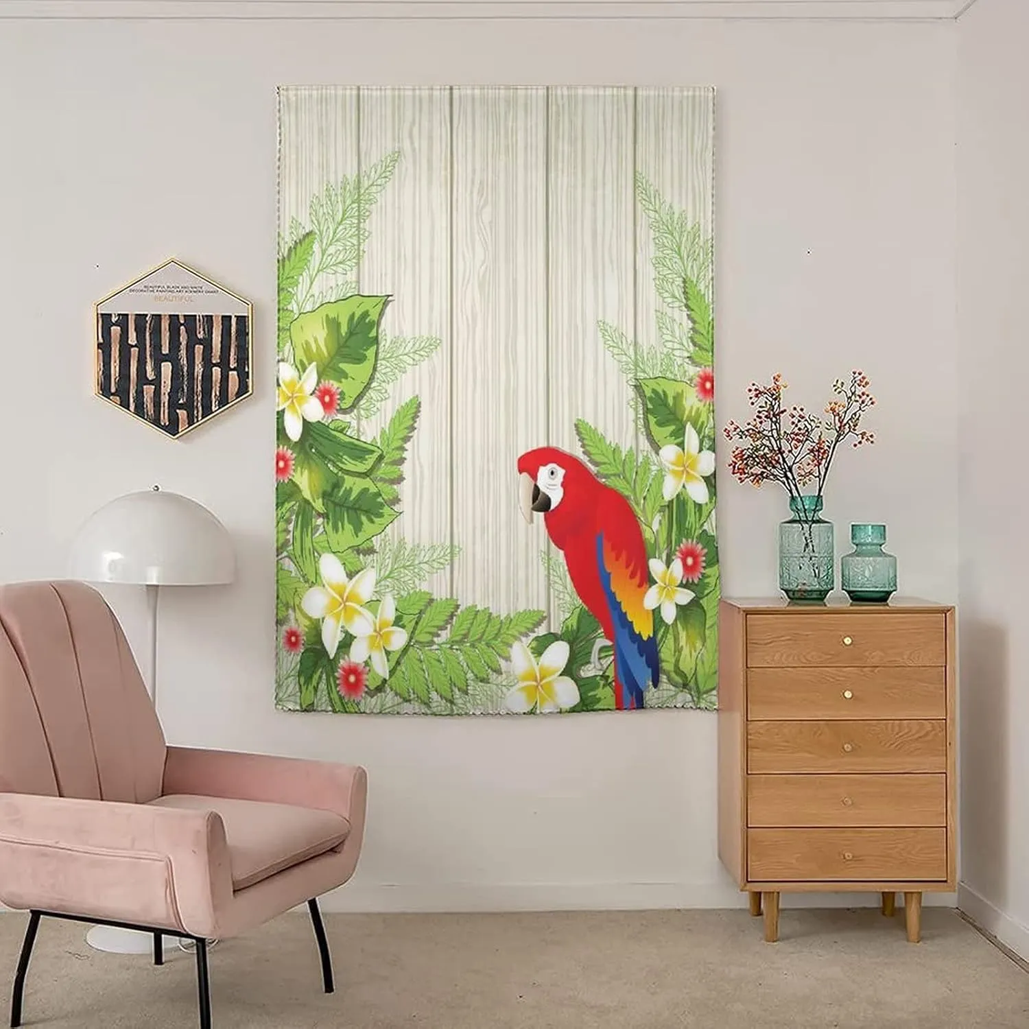 Adjustable Blackout Shades, Parrots Portable Blackout Curtain, Tropic Flowers African Parrot in Summer Garden Wooden Wall Print Living Room Bedroom Window Drapes,47W x63L Inches,,for Bathroom Bedroom