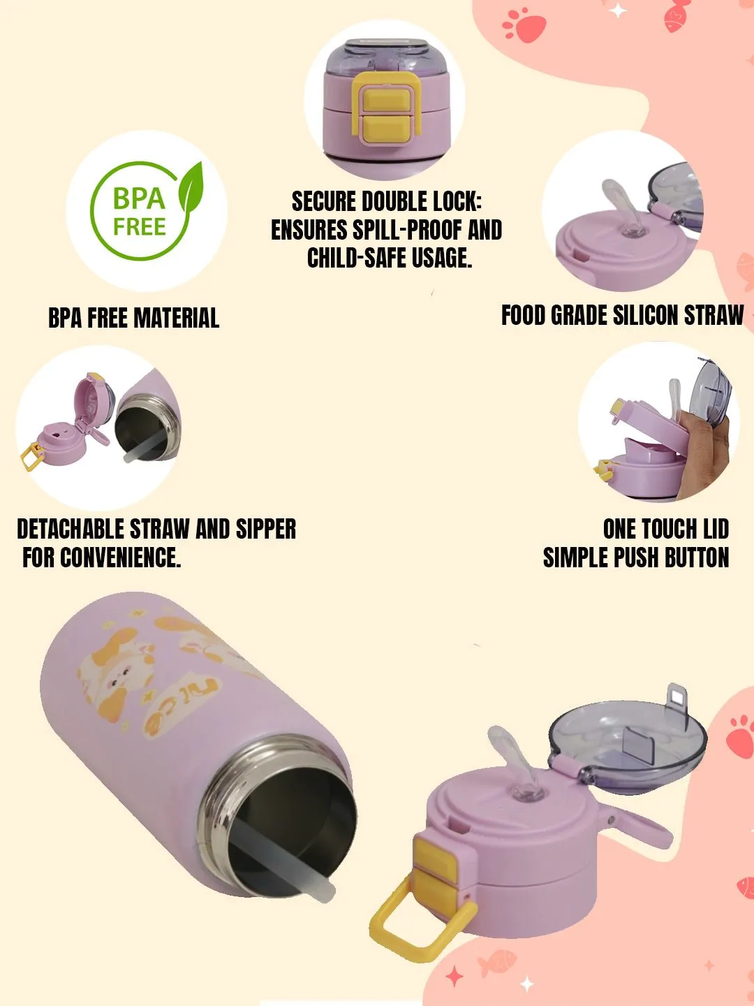 Adorable Kitty-Themed Purple Insulated Hot & Cold Stainless Steel Sipper for Girls- 520 ML