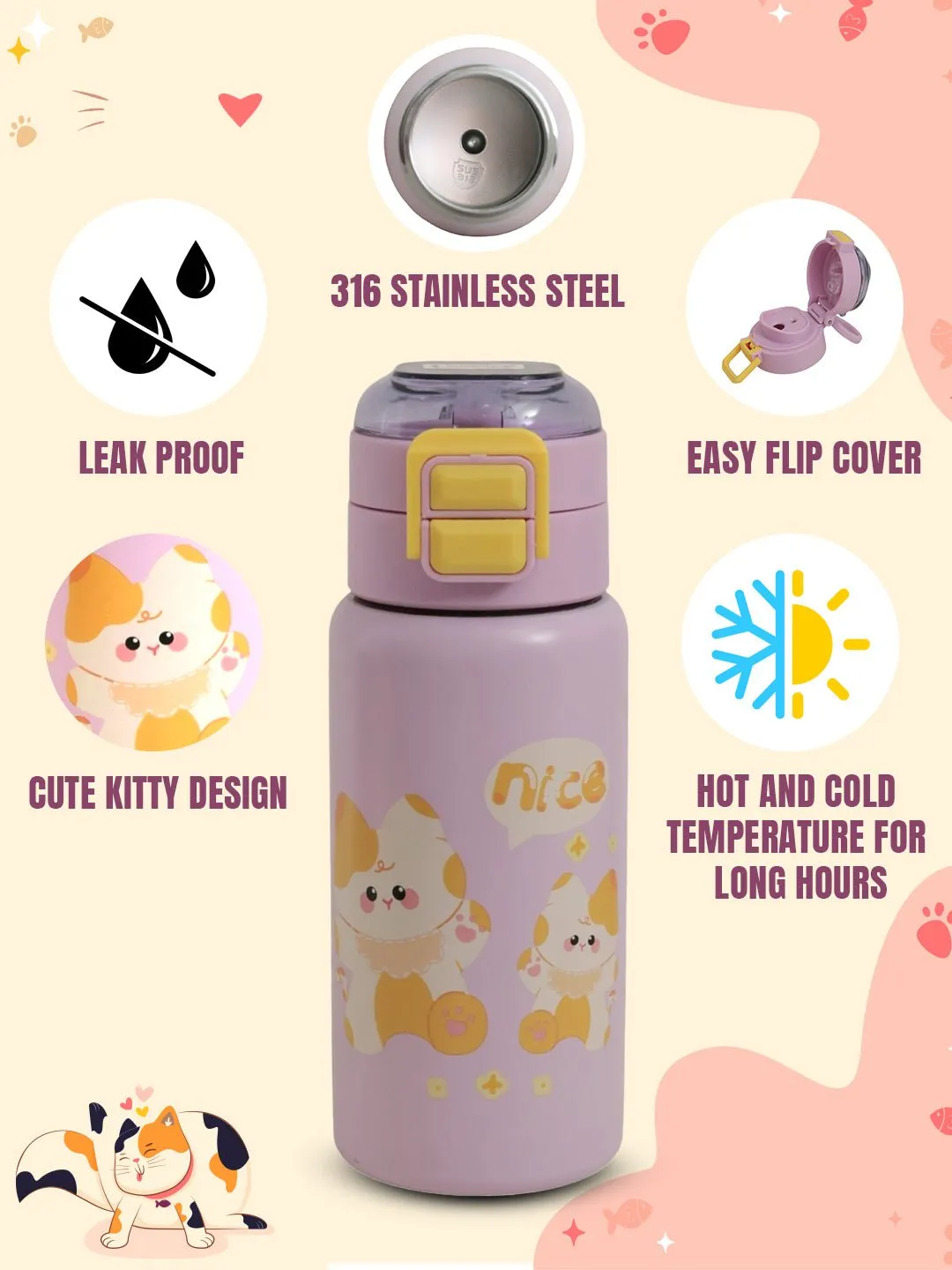 Adorable Kitty-Themed Purple Insulated Hot & Cold Stainless Steel Sipper for Girls- 520 ML