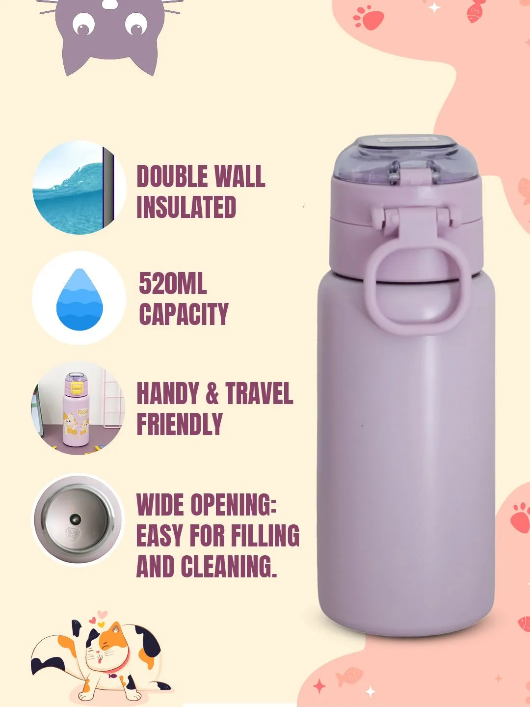 Adorable Kitty-Themed Purple Insulated Hot & Cold Stainless Steel Sipper for Girls- 520 ML