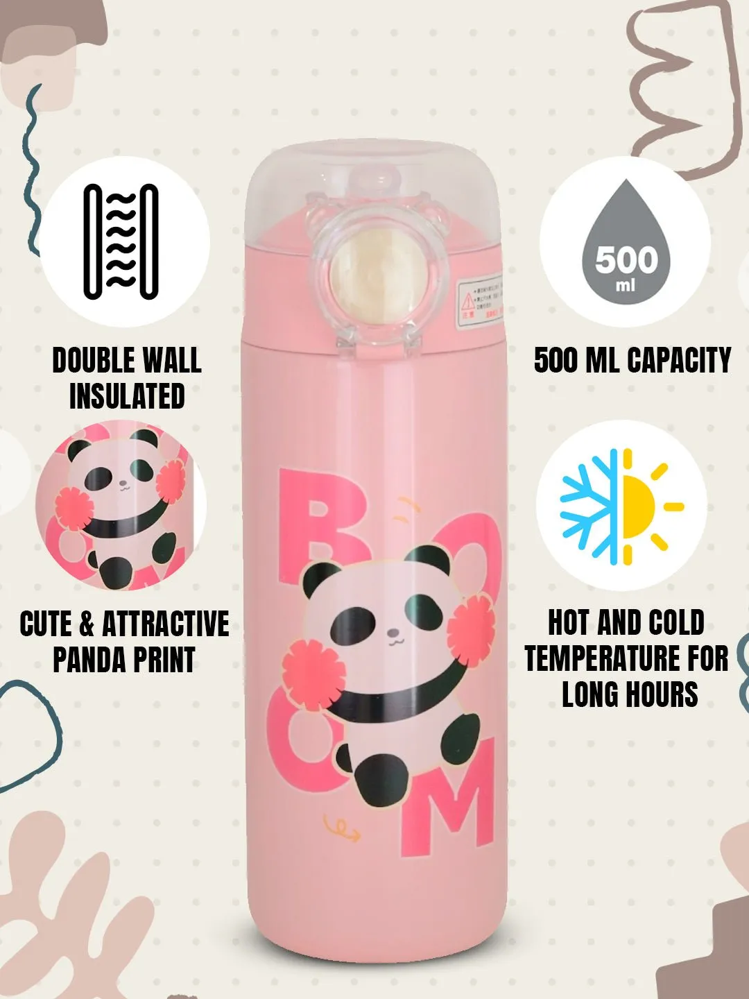 Adorable Pink Panda Insulated Hot & Cold Stainless Steel Sipper Bottle- 500 ML