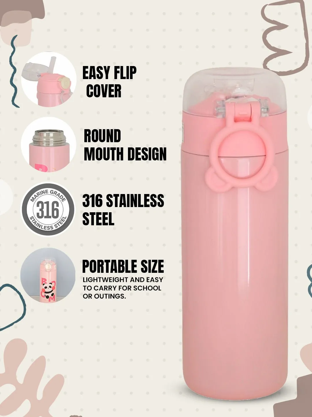 Adorable Pink Panda Insulated Hot & Cold Stainless Steel Sipper Bottle- 500 ML