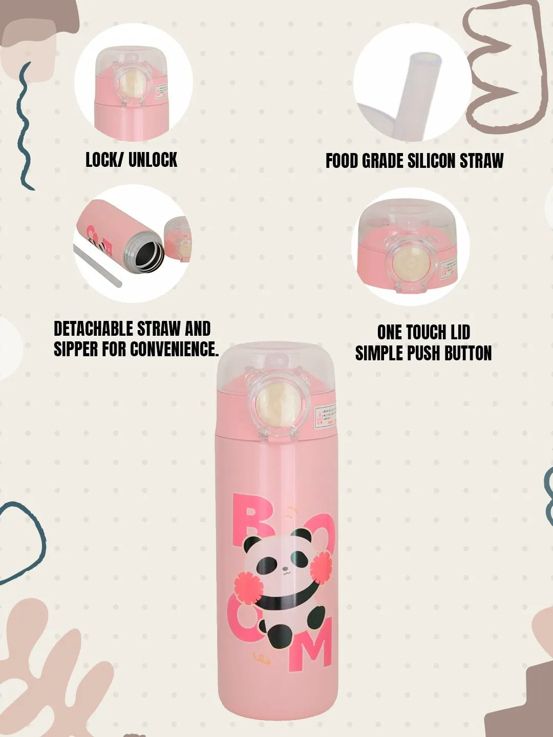 Adorable Pink Panda Insulated Hot & Cold Stainless Steel Sipper Bottle- 500 ML