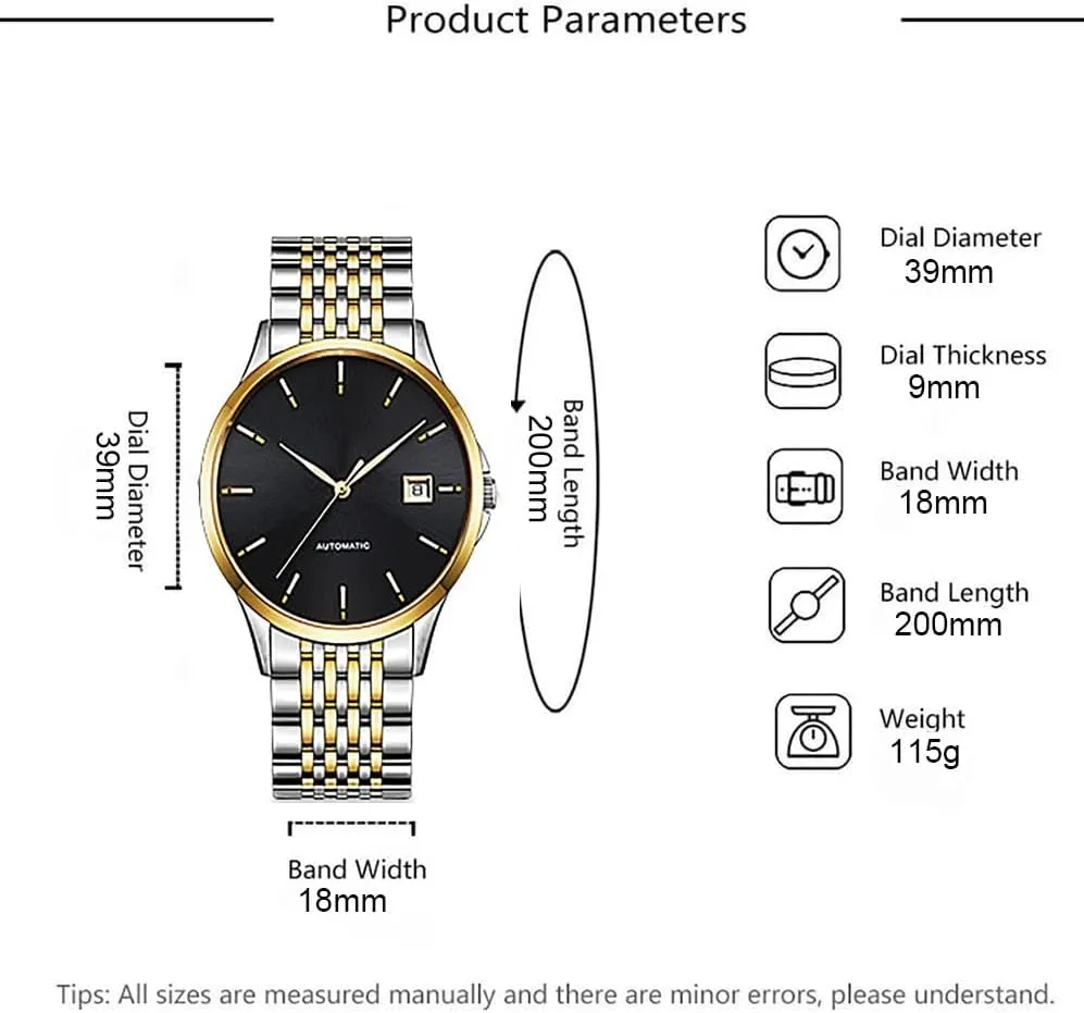 ADSBIAOYE Men's Automatic Watches Luxury Two-Tone Stainless Steel Man Date Watch Waterproof Dress Wrist Watches