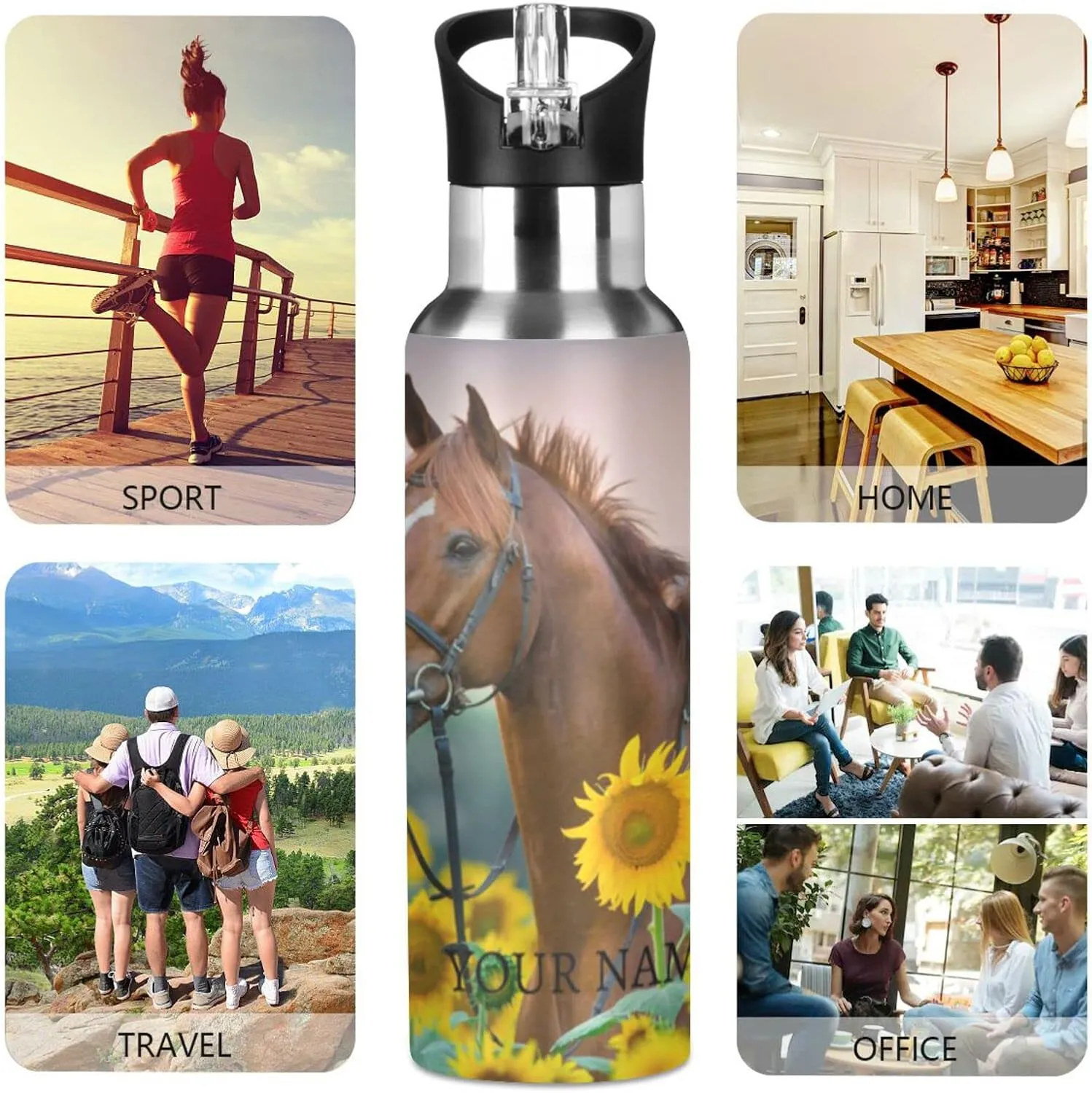 ALAZA Custom Sunflower Horse Water Bottle with Name for Kids Girls with Straw Personalized Insulated Stainless Steel Water Flask Thermos for School Sport 20 Ounce