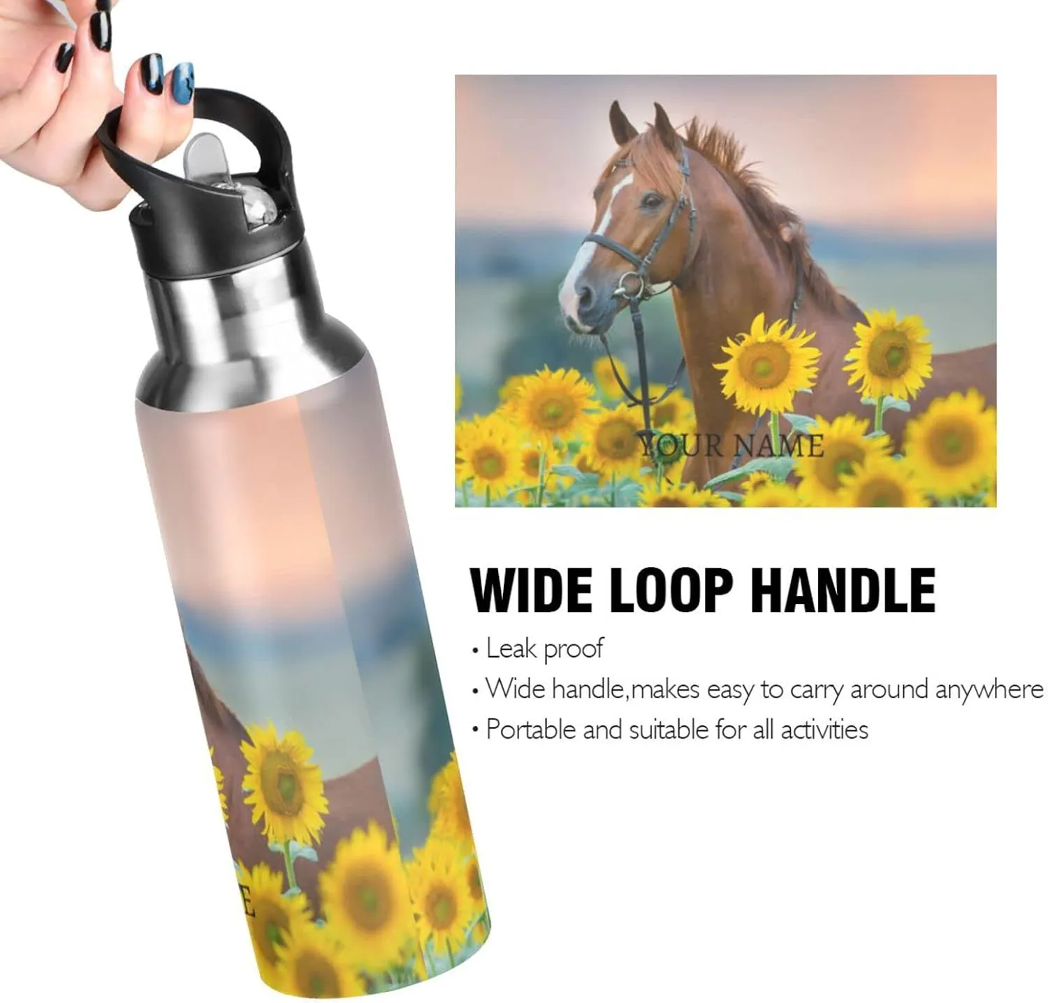 ALAZA Custom Sunflower Horse Water Bottle with Name for Kids Girls with Straw Personalized Insulated Stainless Steel Water Flask Thermos for School Sport 20 Ounce