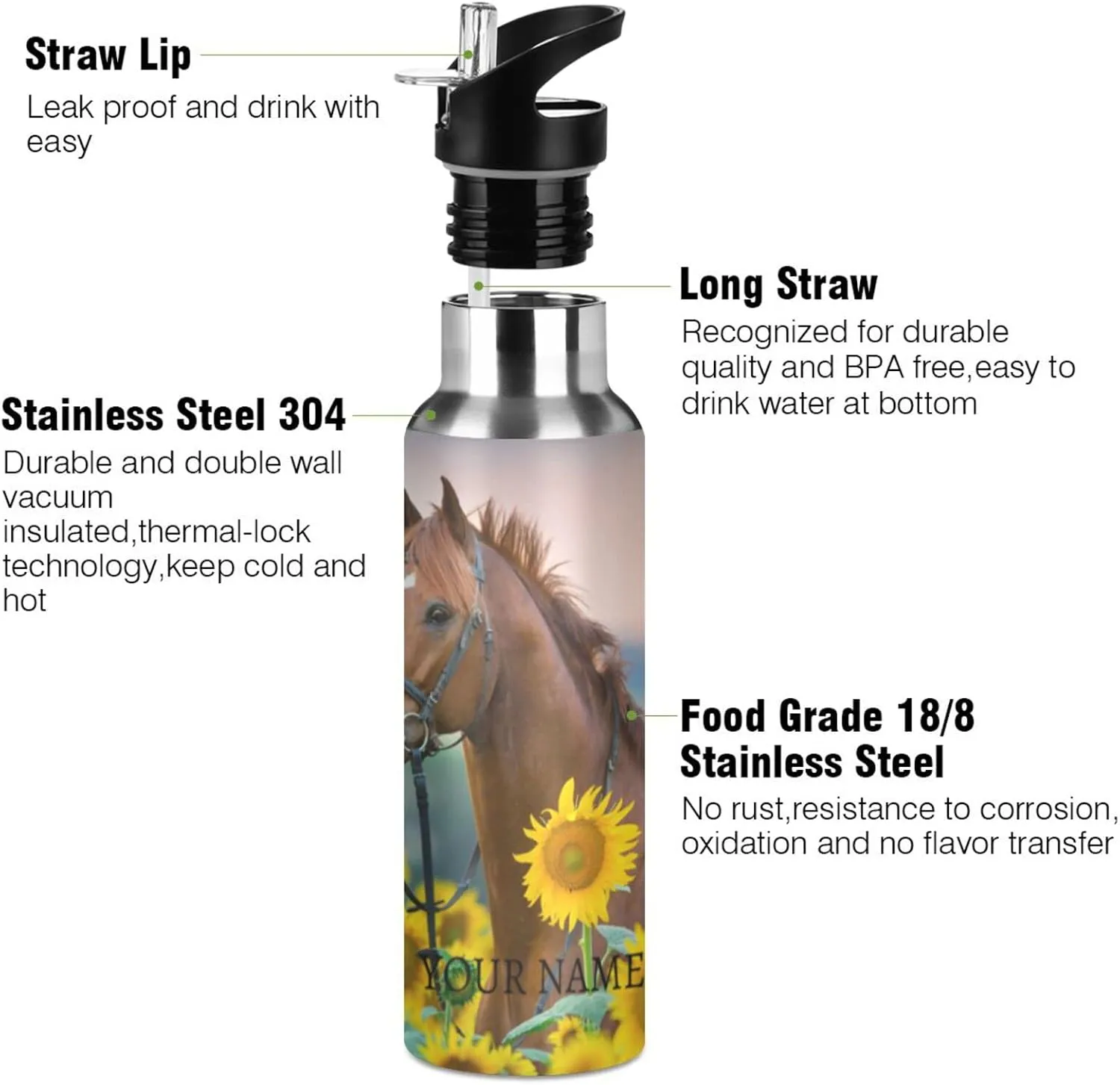 ALAZA Custom Sunflower Horse Water Bottle with Name for Kids Girls with Straw Personalized Insulated Stainless Steel Water Flask Thermos for School Sport 20 Ounce