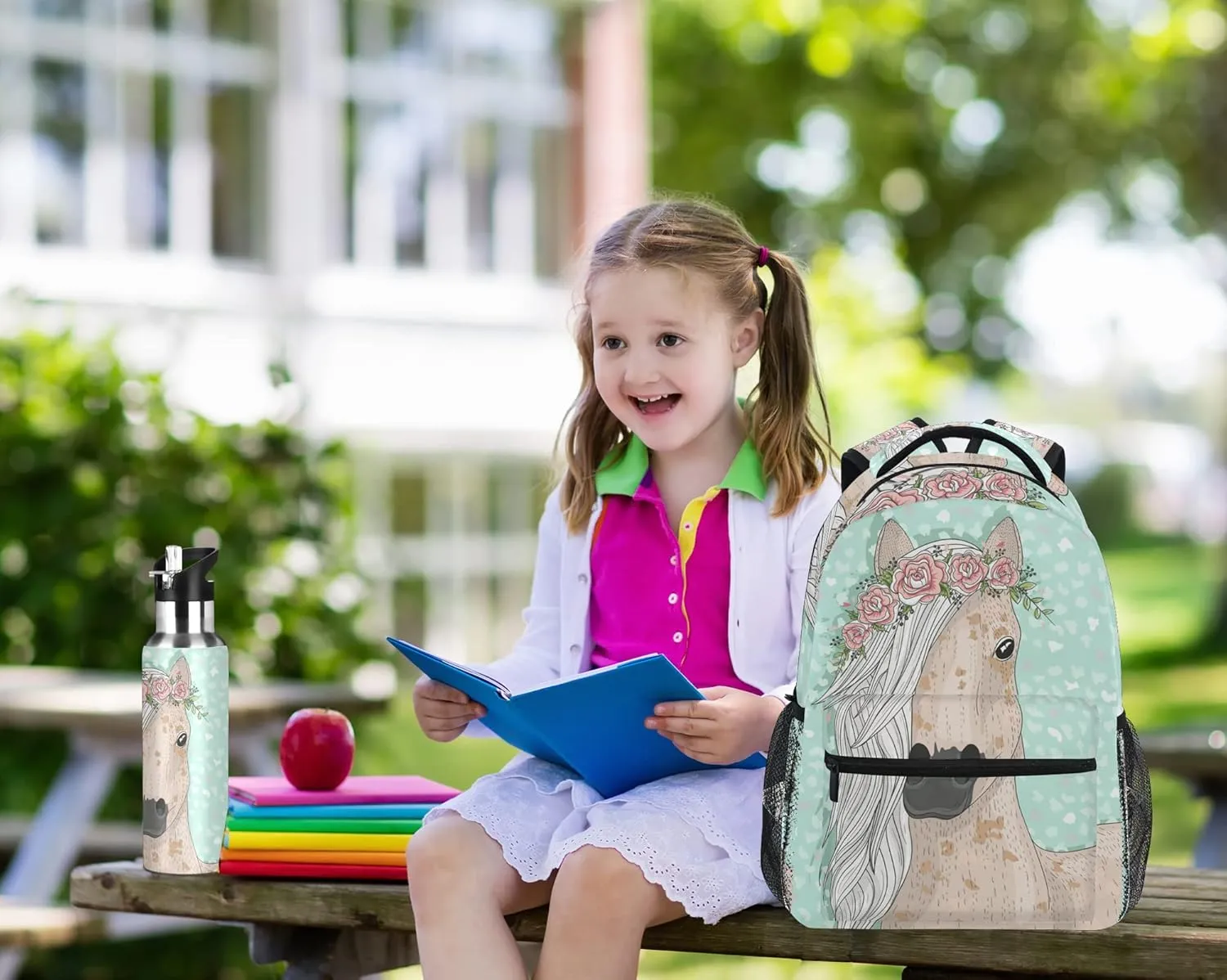ALAZA Flower Horse Water Bottle with Straw Lid Thermos, Kids Insulated Stainless Steel Water Flask School 20 Oz Hot Cold