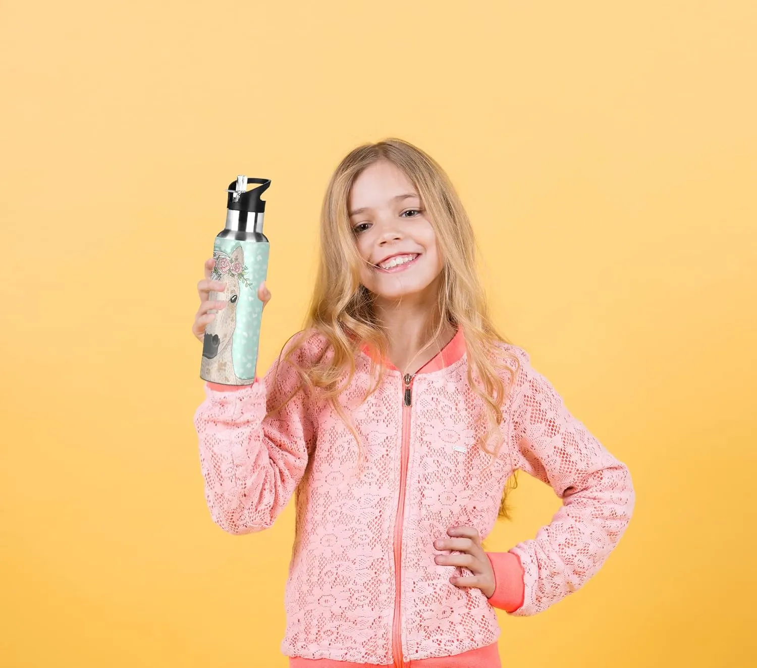ALAZA Flower Horse Water Bottle with Straw Lid Thermos, Kids Insulated Stainless Steel Water Flask School 20 Oz Hot Cold