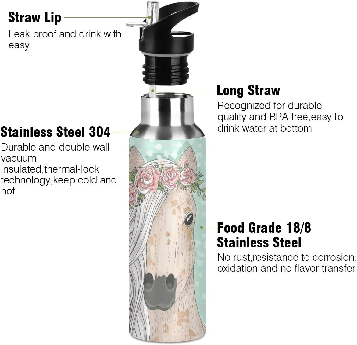 ALAZA Flower Horse Water Bottle with Straw Lid Thermos, Kids Insulated Stainless Steel Water Flask School 20 Oz Hot Cold