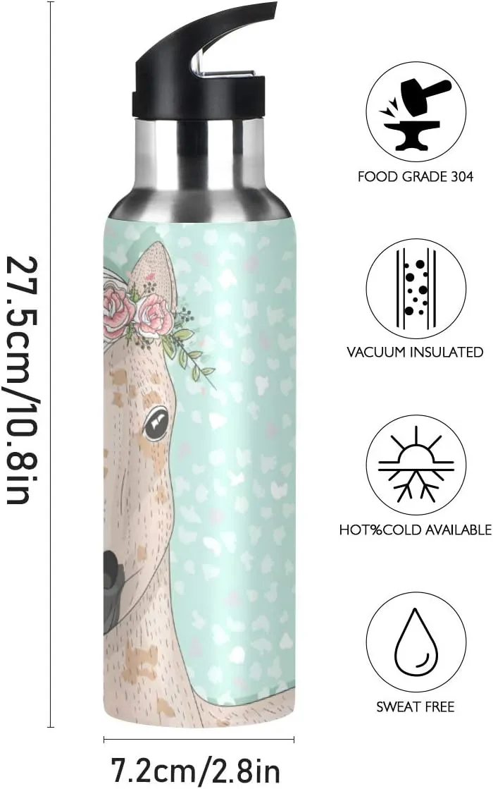 ALAZA Flower Horse Water Bottle with Straw Lid Thermos, Kids Insulated Stainless Steel Water Flask School 20 Oz Hot Cold