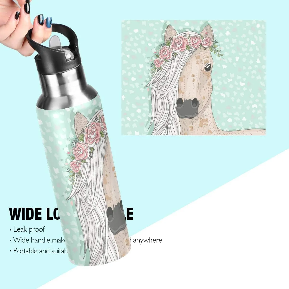 ALAZA Flower Horse Water Bottle with Straw Lid Thermos, Kids Insulated Stainless Steel Water Flask School 20 Oz Hot Cold