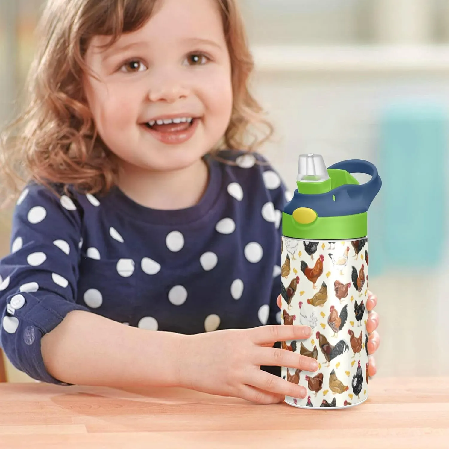 ALAZA Hens Roosters and Chickens Kids Water Bottles with Lids Straw Insulated Stainless Steel Water Bottles Double Walled Leakproof Tumbler Travel Cup for Girls Boys Toddlers 12 oz / 350 ml,Green