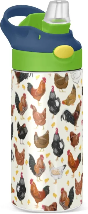 ALAZA Hens Roosters and Chickens Kids Water Bottles with Lids Straw Insulated Stainless Steel Water Bottles Double Walled Leakproof Tumbler Travel Cup for Girls Boys Toddlers 12 oz / 350 ml,Green