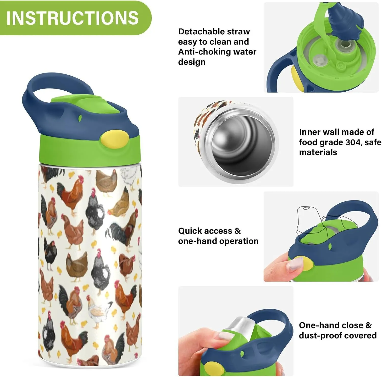 ALAZA Hens Roosters and Chickens Kids Water Bottles with Lids Straw Insulated Stainless Steel Water Bottles Double Walled Leakproof Tumbler Travel Cup for Girls Boys Toddlers 12 oz / 350 ml,Green