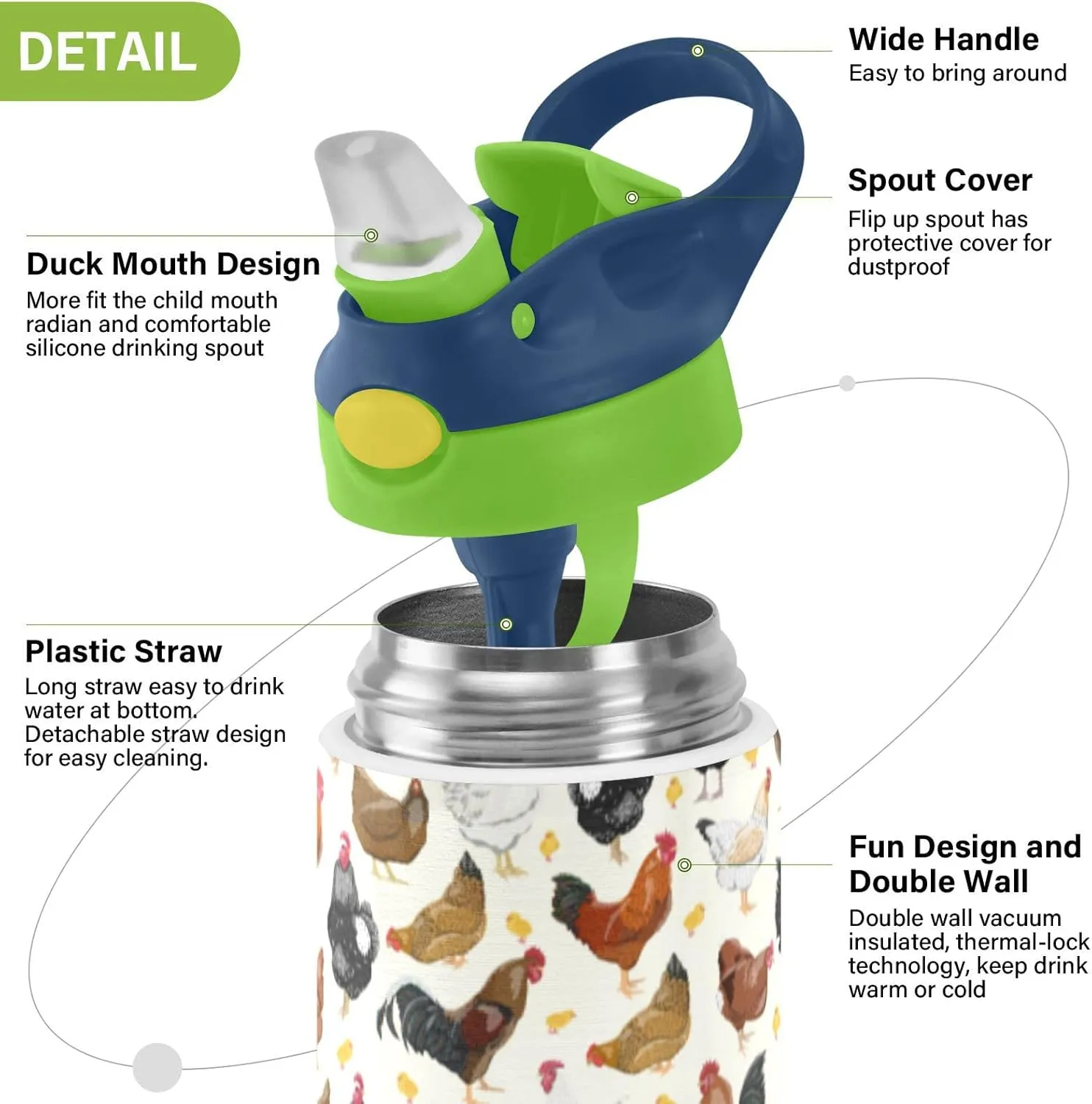 ALAZA Hens Roosters and Chickens Kids Water Bottles with Lids Straw Insulated Stainless Steel Water Bottles Double Walled Leakproof Tumbler Travel Cup for Girls Boys Toddlers 12 oz / 350 ml,Green