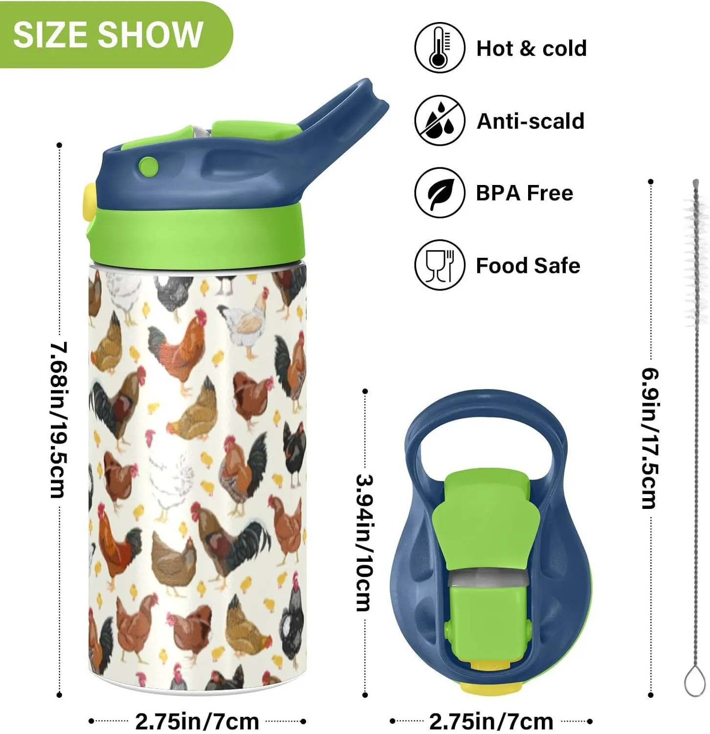 ALAZA Hens Roosters and Chickens Kids Water Bottles with Lids Straw Insulated Stainless Steel Water Bottles Double Walled Leakproof Tumbler Travel Cup for Girls Boys Toddlers 12 oz / 350 ml,Green