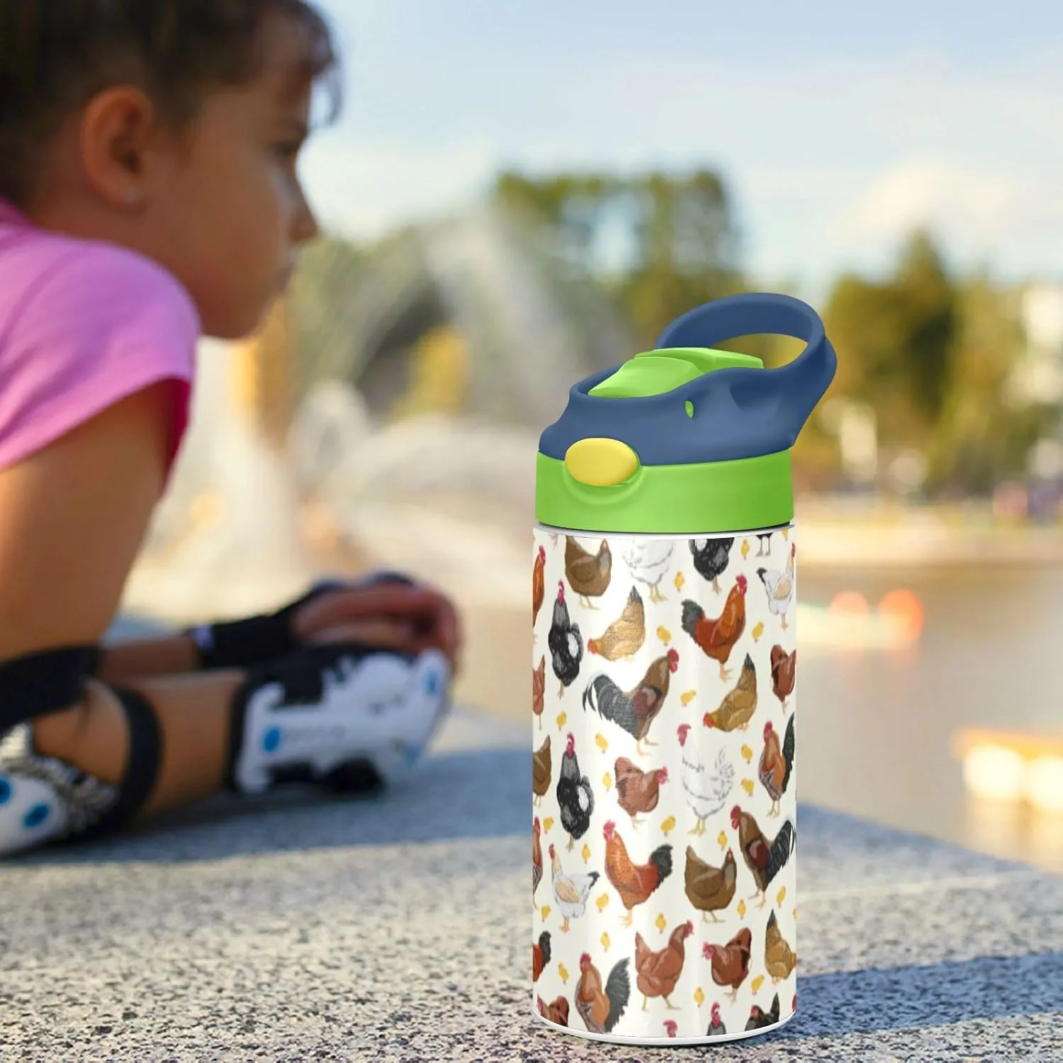 ALAZA Hens Roosters and Chickens Kids Water Bottles with Lids Straw Insulated Stainless Steel Water Bottles Double Walled Leakproof Tumbler Travel Cup for Girls Boys Toddlers 12 oz / 350 ml,Green