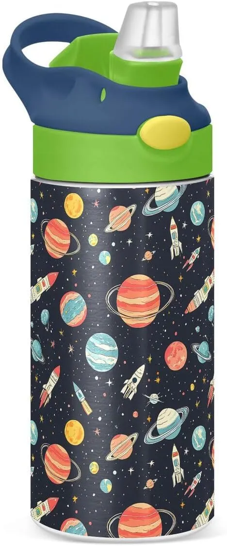 ALAZA Solar System Star Planet Space Kids Water Bottles Insulated Stainless Steel Tumbler Travel Cup Lids Straw Double Walled Leakproof 12 OZ for Boys Girls