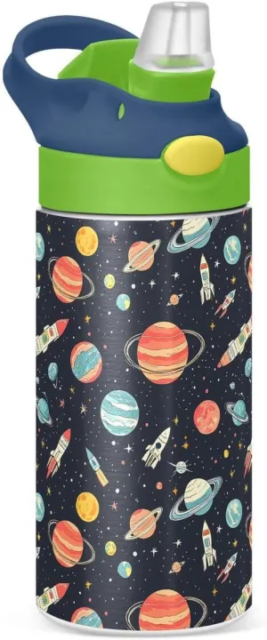 ALAZA Solar System Star Planet Space Kids Water Bottles Insulated Stainless Steel Tumbler Travel Cup Lids Straw Double Walled Leakproof 12 OZ for Boys Girls