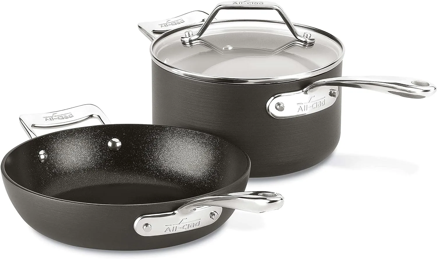 All-Clad Essentials Hard Anodized Nonstick Fry & Sauce Pan Set 8.5 Inch , 2.5 Quart Oven Broiler Safe 500F Pots and Pans, Cookware Black