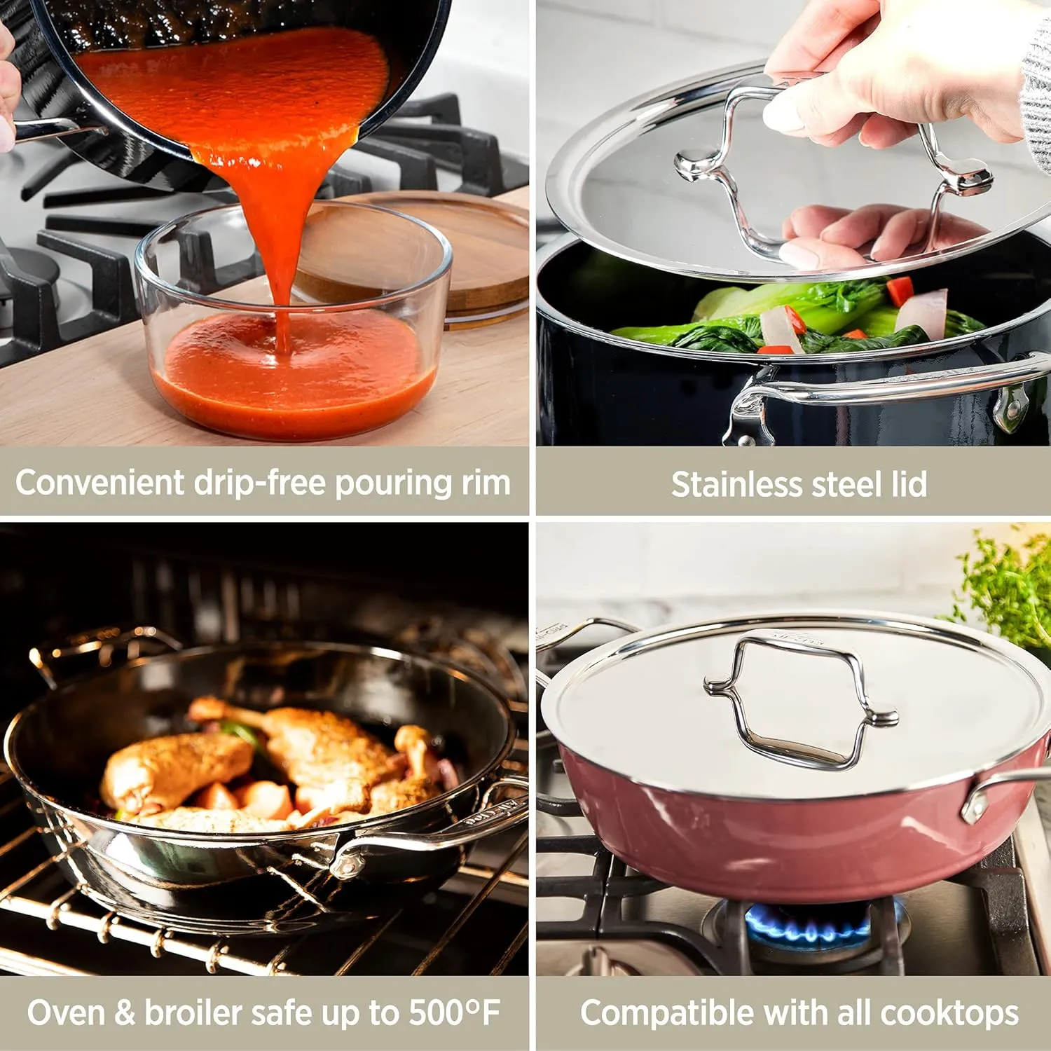 All-Clad FusionTec Ceramic Universal Pan 4.5 Quart Induction Oven Broiler Safe 500F Pots and Pans, Cookware Rose Quartz