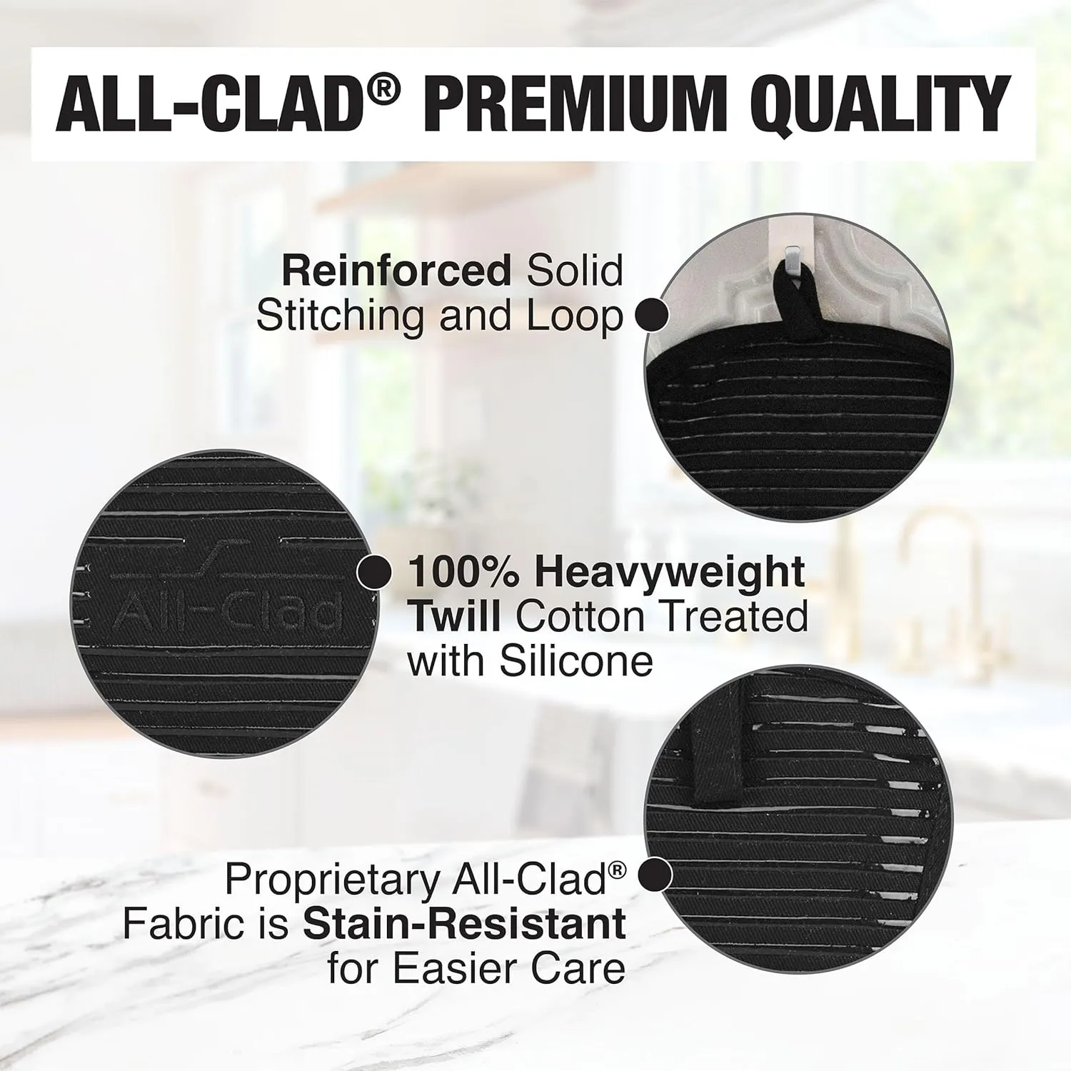 All-Clad Premium Pot Holder & Hot Pad: Heat Resistant to 500 Degrees - 100% Cotton, 10""x6.25"" Hot Pad for Kitchen and Barbeque, (2-Pack), Black
