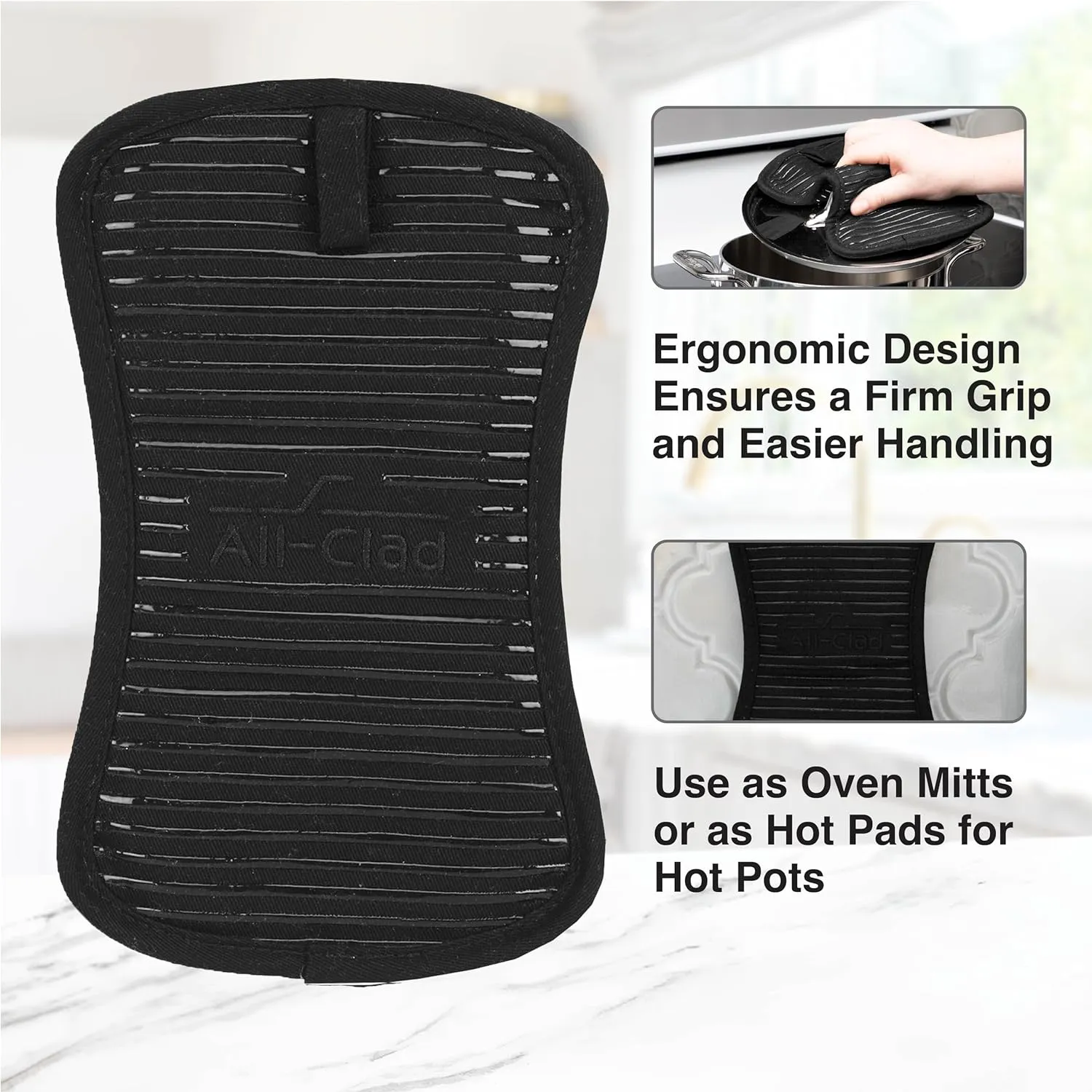 All-Clad Premium Pot Holder & Hot Pad: Heat Resistant to 500 Degrees - 100% Cotton, 10""x6.25"" Hot Pad for Kitchen and Barbeque, (2-Pack), Black