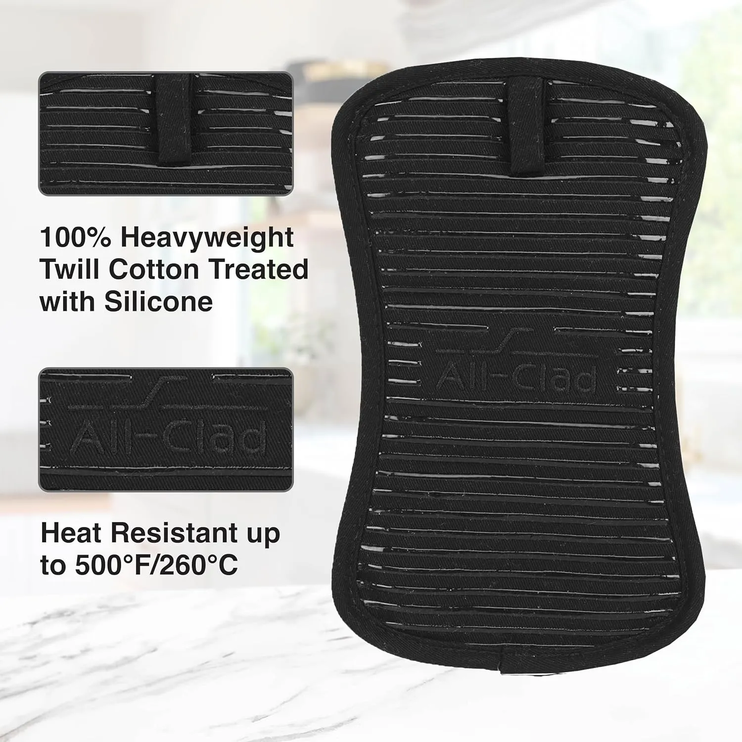 All-Clad Premium Pot Holder & Hot Pad: Heat Resistant to 500 Degrees - 100% Cotton, 10""x6.25"" Hot Pad for Kitchen and Barbeque, (2-Pack), Black