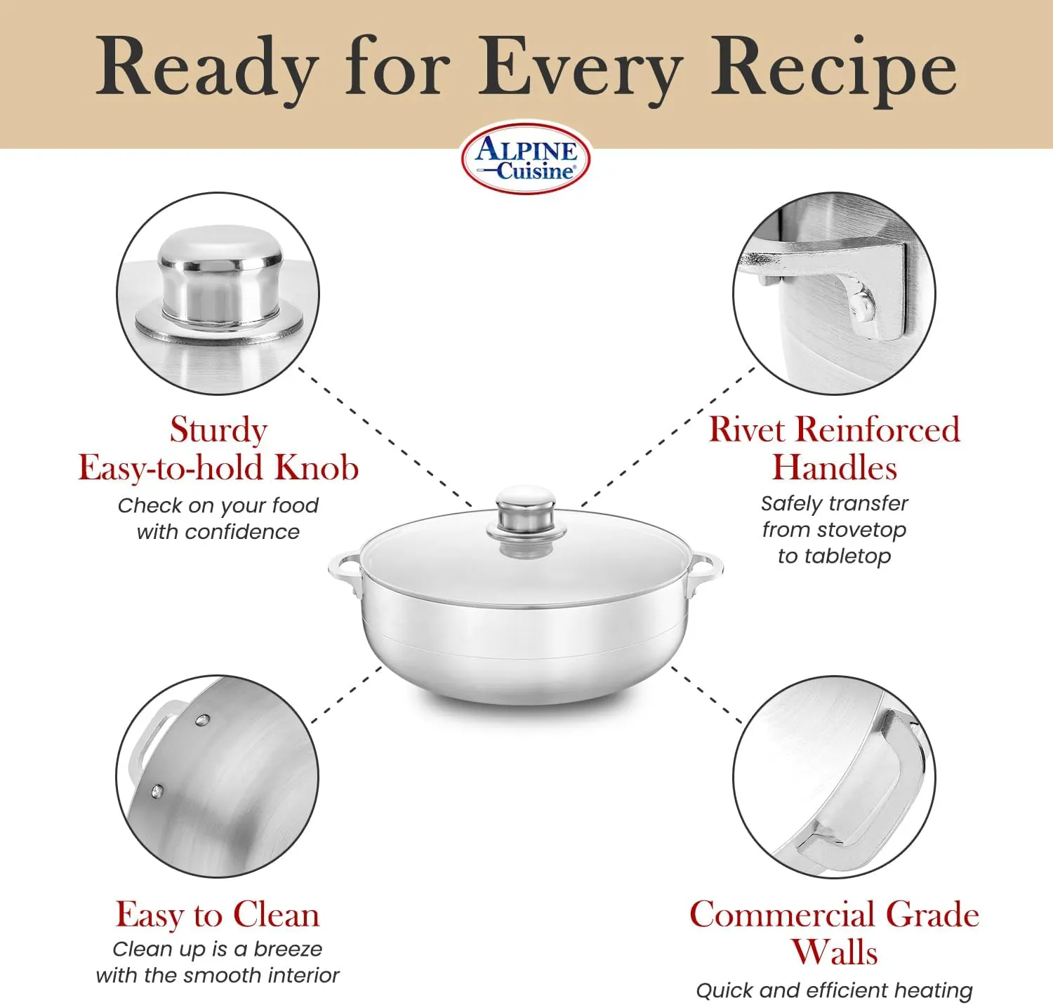 Alpine Cuisine 7-Quart Aluminum Caldero Stock Pot with Glass Lid, Cooking Dutch Oven Performance for Even Heat Distribution, Perfect for Serving Large & Small Groups, Riveted Handles Commercial Grade