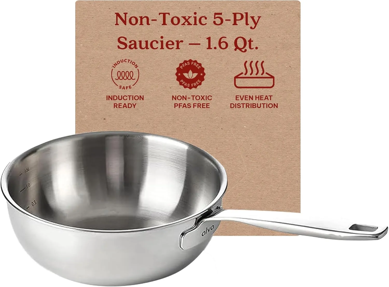 Alva Maestro 5-Ply Stainless Steel Saucier, 1.6 Qt - Non-Toxic PFAS/PTFE-Free Saucepan, Stainless Steel Cookware with Even Heat Distribution & Easy-to-Clean, Induction & Oven Safe, Stay-Cool Handle