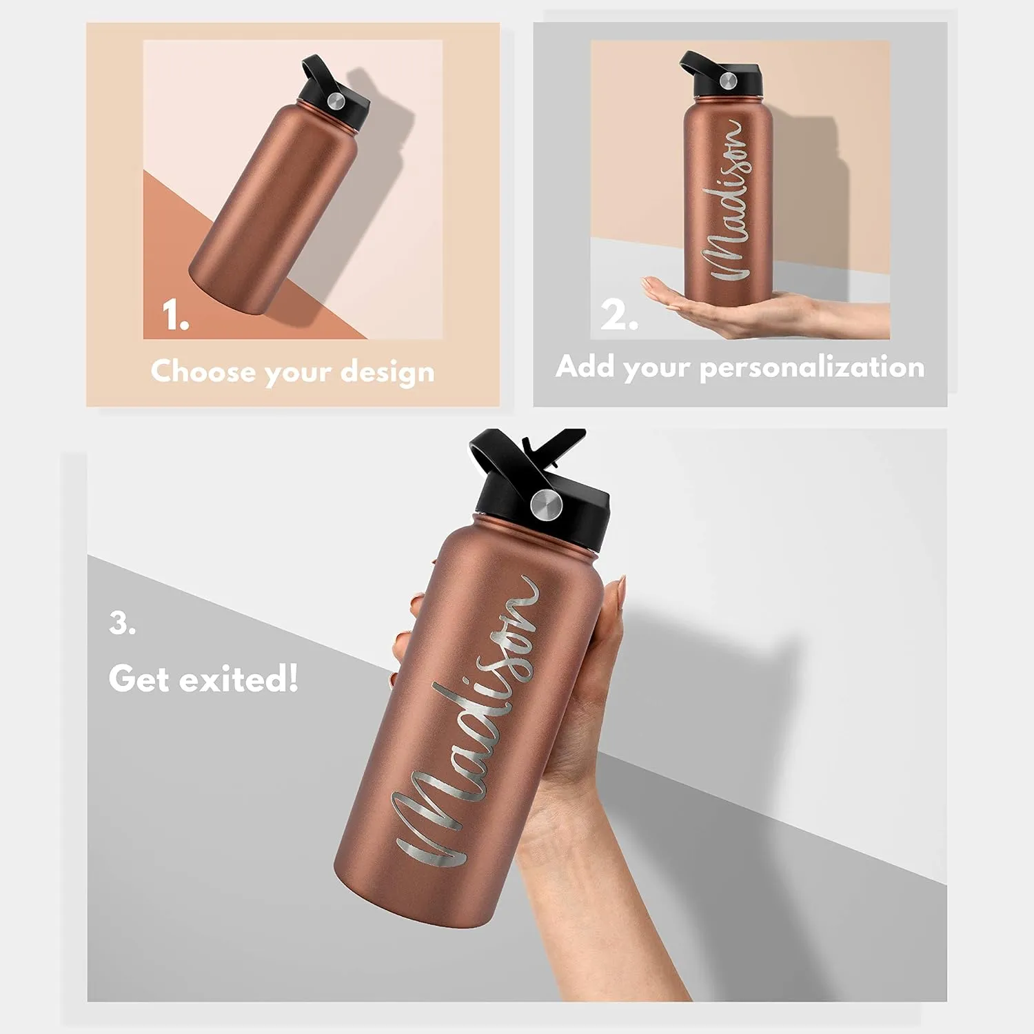 Amazing Items Personalized Water Bottle w/Straw & Lid, 32 oz - Fire Red | Custom Stainless Steel Sports Water Bottle w/Name and Text - Double-Wall, Vacuum Insulated - Rotating Handle