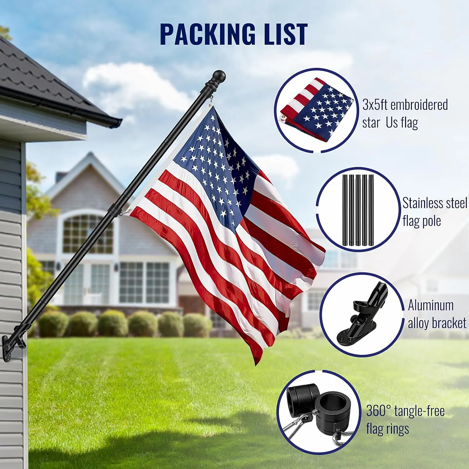 American Flag Pole Kit Made in USA,Including All 6FT 5 Section Flag Pole,3x5 FT Embroidered Stars American Flag,2 Position Flag Pole Holder And 2 Pcs 360°Rotating Anti Wrap Flag Mounting Rings(Black)