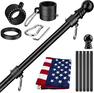 American Flag Pole Kit Made in USA,Including All 6FT 5 Section Flag Pole,3x5 FT Embroidered Stars American Flag,2 Position Flag Pole Holder And 2 Pcs 360°Rotating Anti Wrap Flag Mounting Rings(Black)