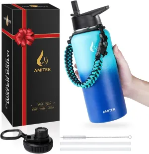 AMITER 32oz Insulated Bottle with Straw & Spout Lid, Wide Mouth Stainless Steel Water Bottles with Paracord Handle