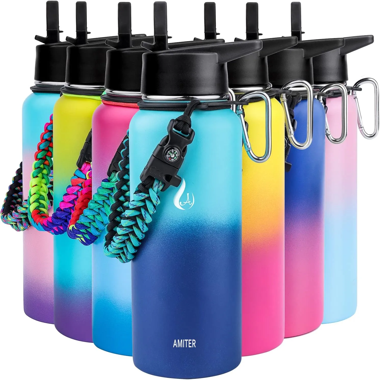 AMITER 32oz Insulated Bottle with Straw & Spout Lid, Wide Mouth Stainless Steel Water Bottles with Paracord Handle