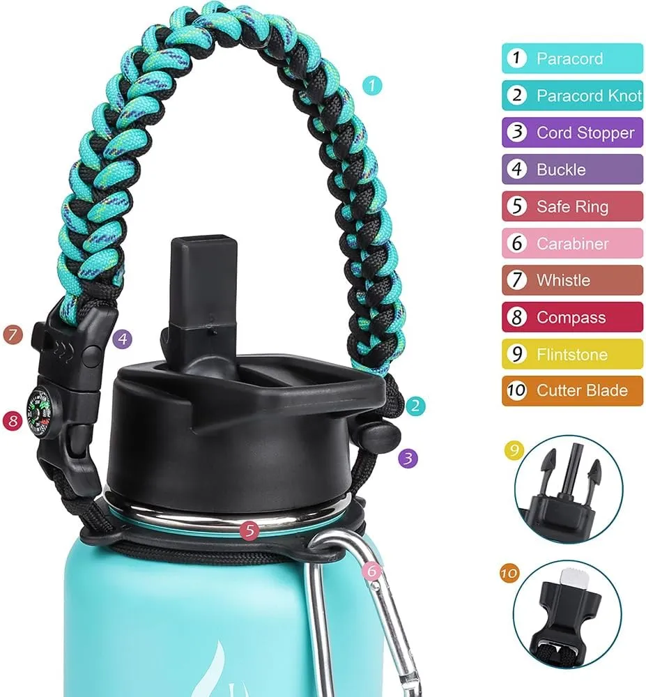 AMITER 32oz Insulated Bottle with Straw & Spout Lid, Wide Mouth Stainless Steel Water Bottles with Paracord Handle