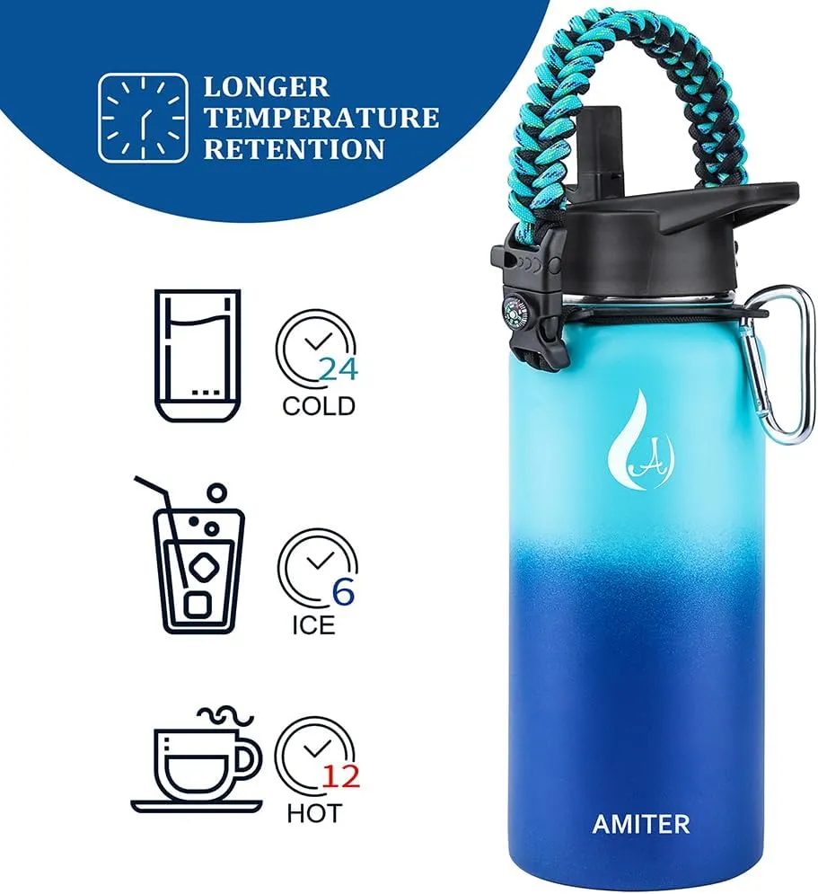 AMITER 32oz Insulated Bottle with Straw & Spout Lid, Wide Mouth Stainless Steel Water Bottles with Paracord Handle