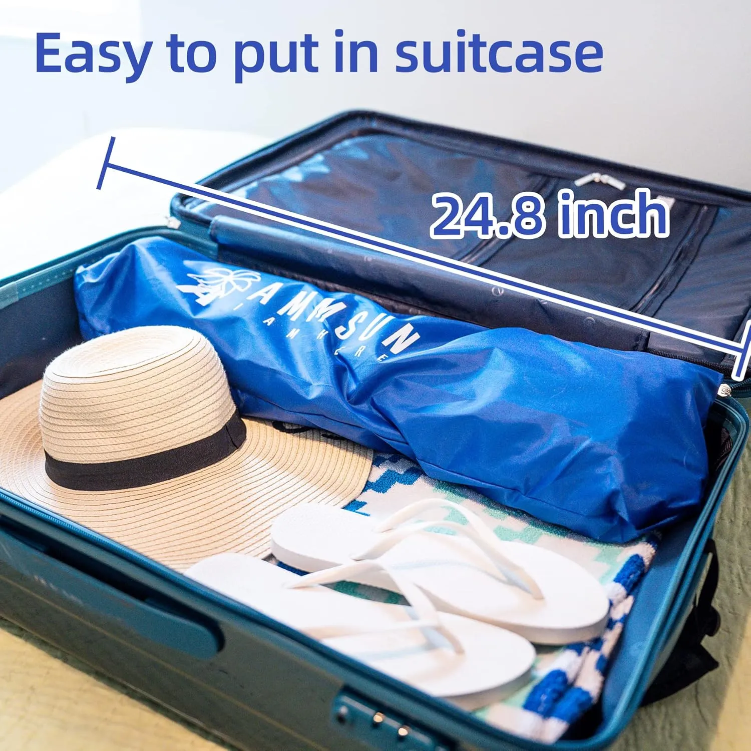 AMMSUN 6ft Folded Portable Travel Beach Umbrella with Sand Anchor Tilt Air vent UPF 50 UV Protection Fit In Suitcase Compact Foldable Telescopic umbrellas for Patio Garden Beach Pool Blue