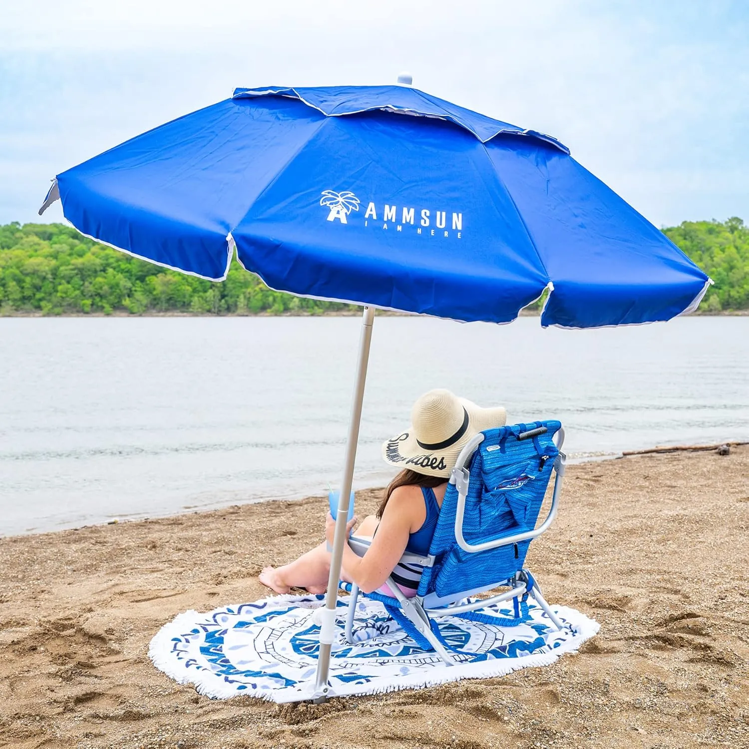 AMMSUN 6ft Folded Portable Travel Beach Umbrella with Sand Anchor Tilt Air vent UPF 50 UV Protection Fit In Suitcase Compact Foldable Telescopic umbrellas for Patio Garden Beach Pool Blue