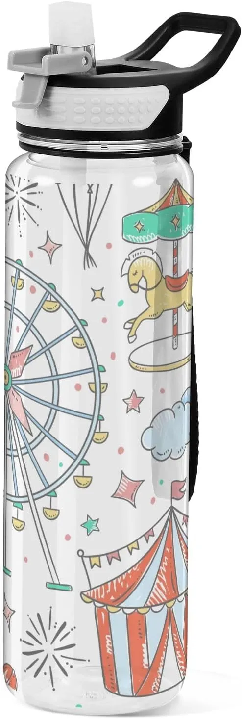 Amusement Park Pattern Water Bottle with Straw, BPA-Free Plastic Sports Water Bottle for Fitness, Gym, Camping, Outdoor Sports,32 oz