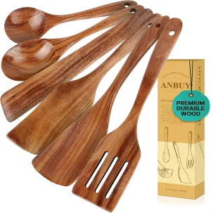 ANBUY Wooden Spoons for Cooking, 6Pcs Wood Kitchen Utensils Set, Mixing Heat Resistant Flat Spatulas and Spoons Set for Nonstick Cookware, Smooth Finish, Non-Stick, Comfortable Grip Kitchen Utensils