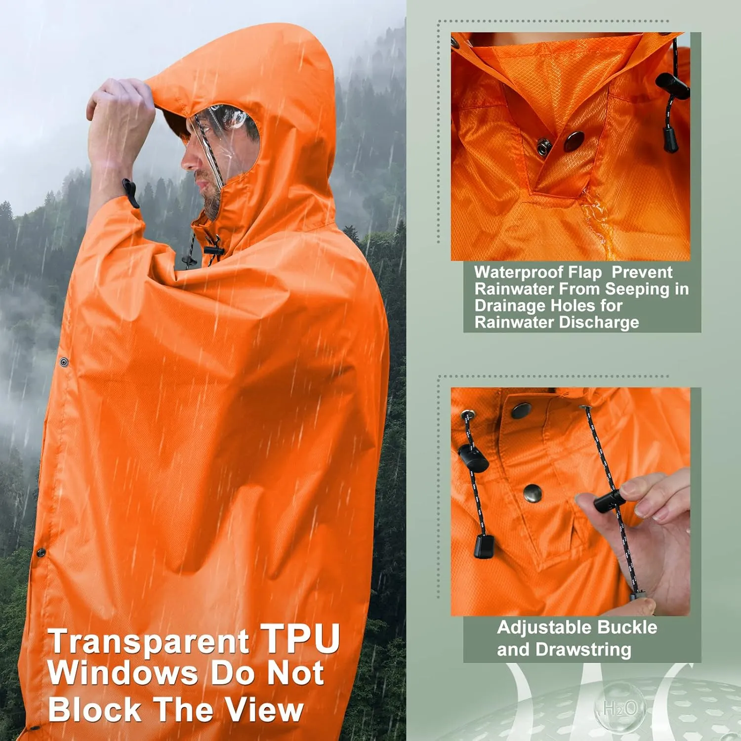 Andake Waterproof Rain Poncho for Adults Unisex,230T Ripstop Polyester,Raincoat Gear with Transparent Viewing Window Outdoors
