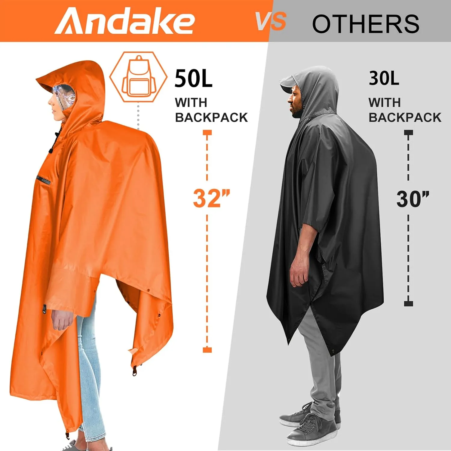 Andake Waterproof Rain Poncho for Adults Unisex,230T Ripstop Polyester,Raincoat Gear with Transparent Viewing Window Outdoors