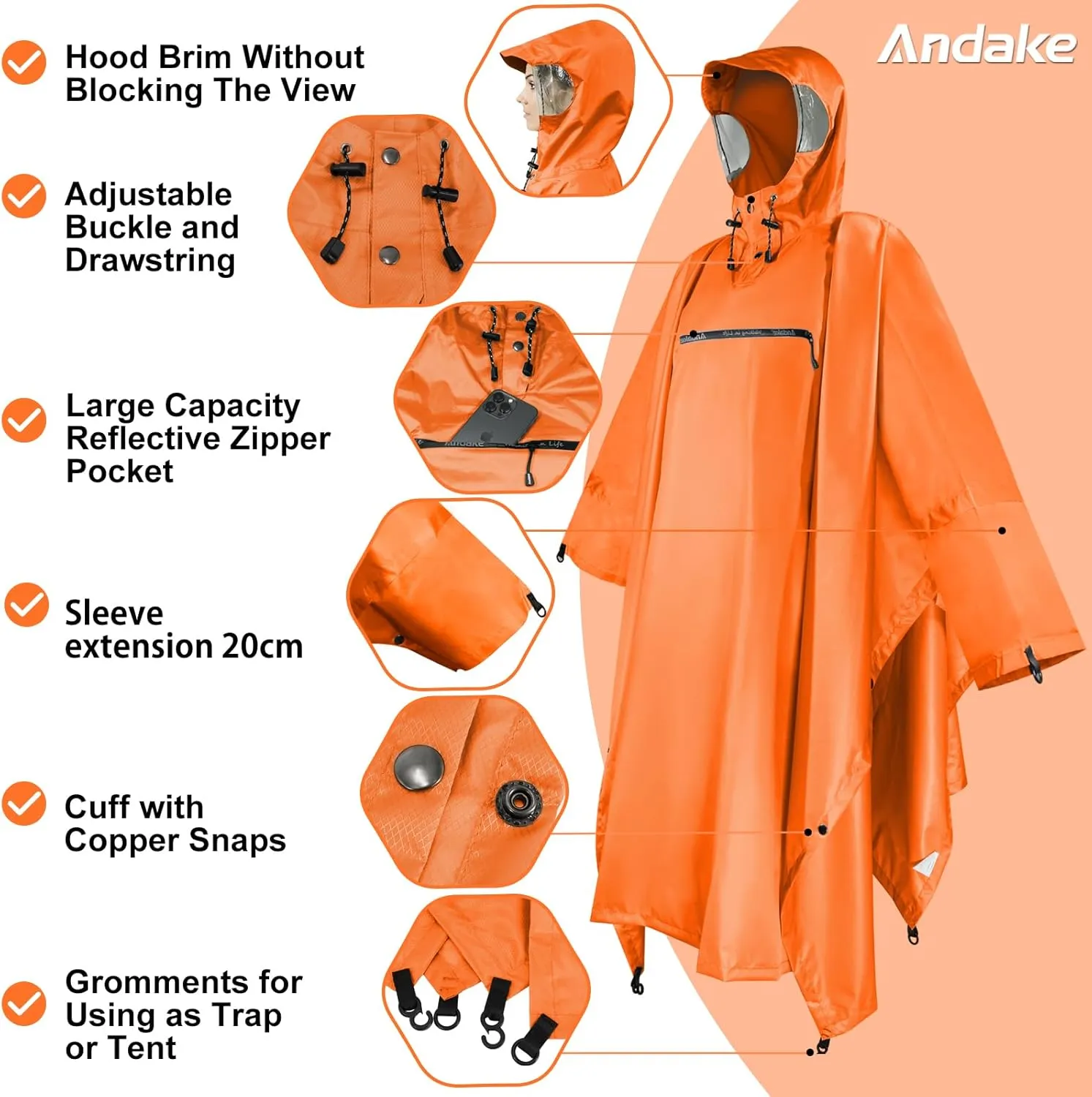 Andake Waterproof Rain Poncho for Adults Unisex,230T Ripstop Polyester,Raincoat Gear with Transparent Viewing Window Outdoors