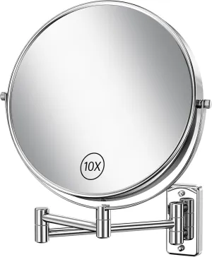 Anfauny 9 Inch Wall Mounted Makeup Mirror with 1X/10X Magnification, Vanity with 360° Swivel and Extendable Arm, Foldable Shaving Cosmetic for Bathroom-Chrome
