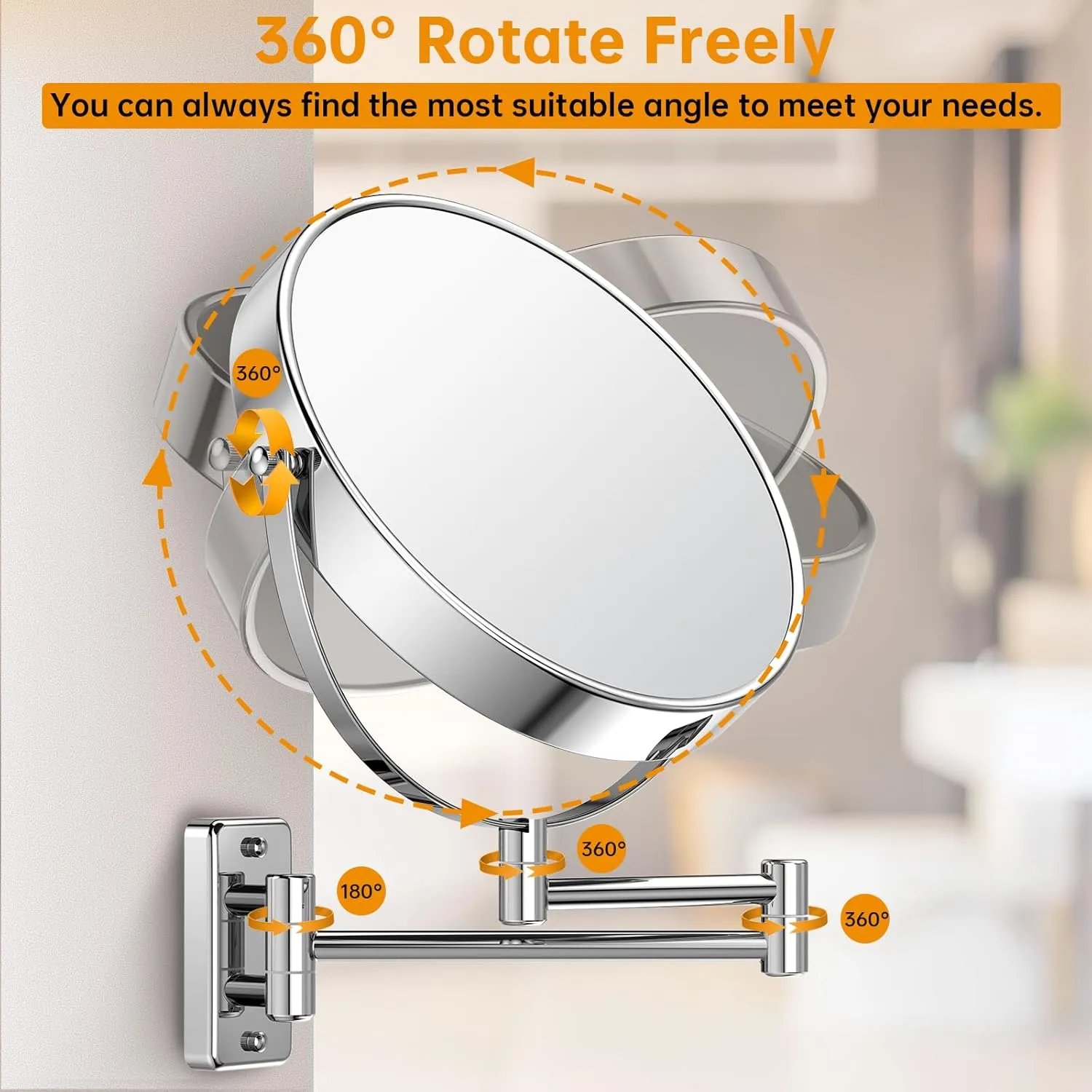 Anfauny 9 Inch Wall Mounted Makeup Mirror with 1X/10X Magnification, Vanity with 360° Swivel and Extendable Arm, Foldable Shaving Cosmetic for Bathroom-Chrome