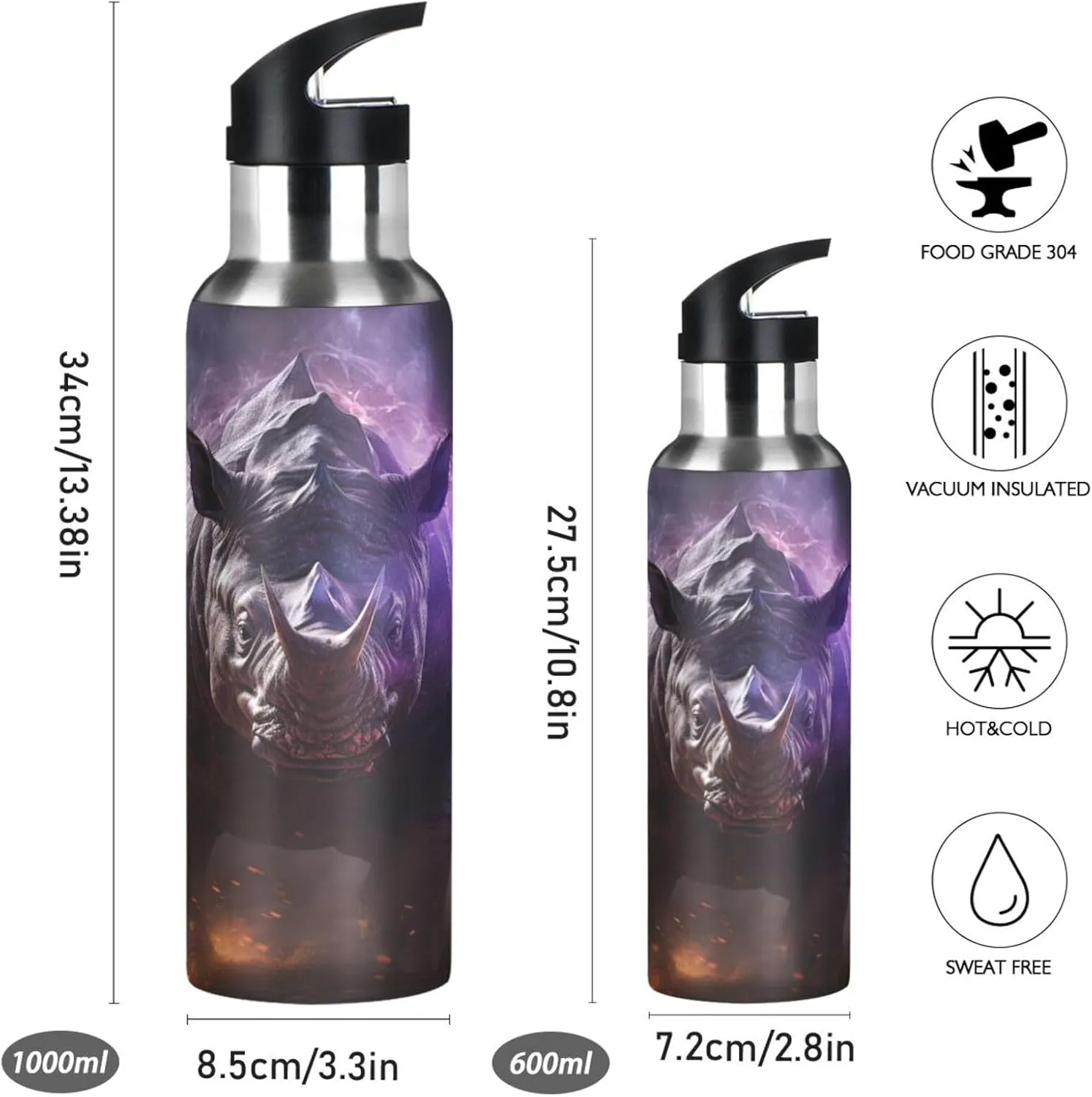 Angry Animal Rhinoceros Sport Water Bottle Insulated Stainless Steel Large Vacuum Flask Leak Proof Thermos with Straw for Travel(600ml/1000ml)