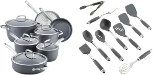Anolon Accolade Forged Hard Anodized Nonstick Cookware Pots and Pans Set, 12 Piece - Moonstone Gray & 10-Piece Nylon Mixed Tool Set, Graphite